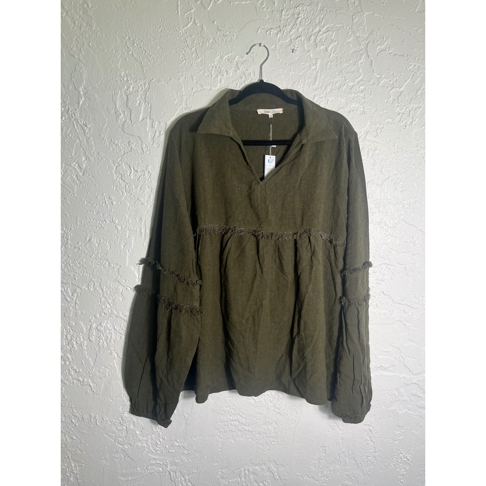 Elsie‎ & Zoey Olive Green Fringe Babydoll Tunic Top L/XL NWT